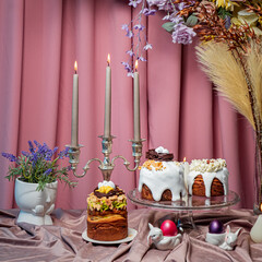 Naklejka premium Festive spring celebration with beautiful cakes, candles, and vibrant decorations on display