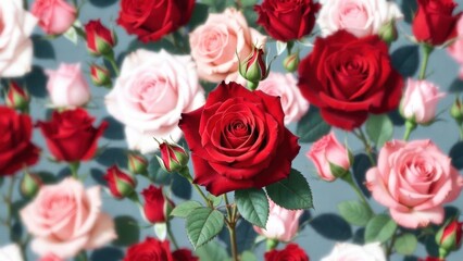 Obraz premium Red rose cluster among pink blooms on muted background