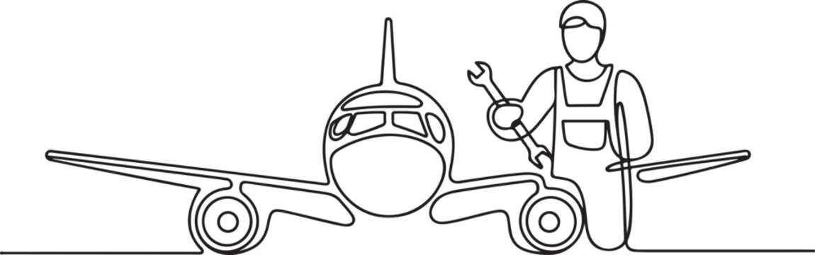 Aircraft mechanics perform maintenance and repairs on aircraft. They are responsible for the safety and serviceability of engines, electronics, hydraulics, one line art icon drawing vector