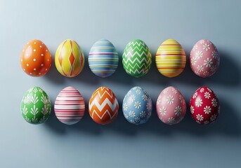 Fototapeta premium A Vibrant Collection of Beautifully Decorated Easter Eggs Laid Out Symmetrically on a Blue Background