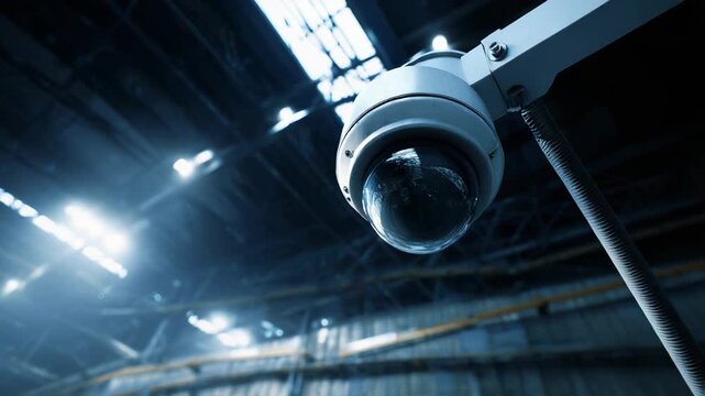 Surveillance dome camera providing protection and monitoring in a large factory or warehouse environment with focus on security, safety, and modern technology