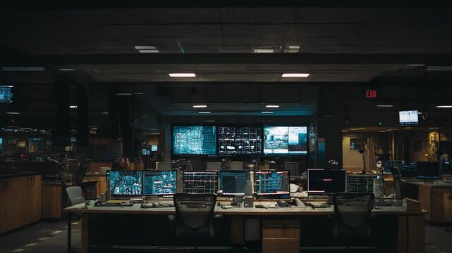 Darkening a control room with multiple glowing screens, computers, and workstations, depicting a command center for security, data surveillance, and technological operations
