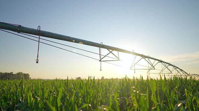 Irrigation pivot system sprays water over corn field at sunrise. Sprinkler irrigates crop farmland. Water droplet from pivot over corn. Farming irrigation waters field. Sunrise over crop.