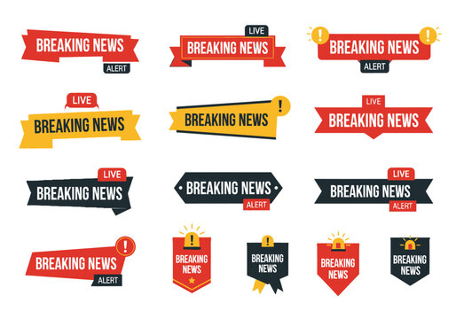 Collection of breaking news alerts and banners for television, web, and print media updates