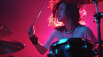 Naklejka premium Energetic female drummer performance rock music stage, passionate asian musician playing drum set under colorful concert light, dynamic hair movement and intense focus