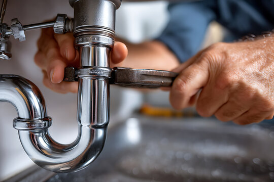 Fixing a sink pipe with tools at home during daytime while repairing water flow and preventing leaks Generative AI