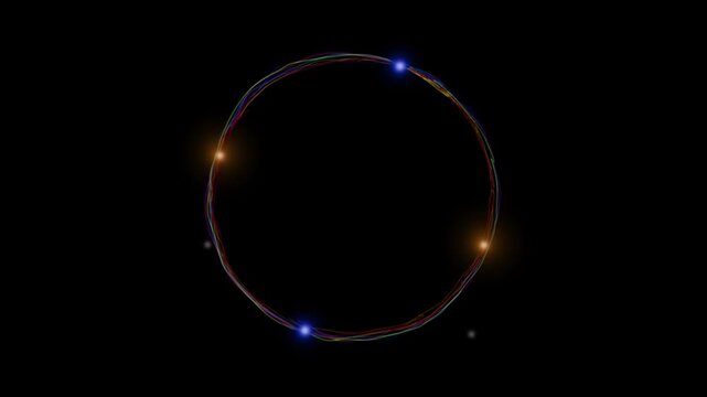 Colorful LED lights blinking on circular path animation, glowing neon light ring loop on dark background