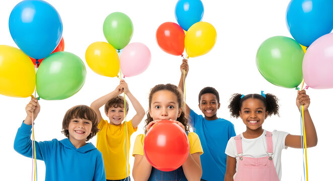 Diverse group of happy children holding colorful balloons celebrating party event against white space.