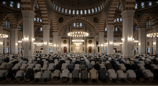 Large number of muslims praying in mosque, bowing during salat with ornate islamic architecture.