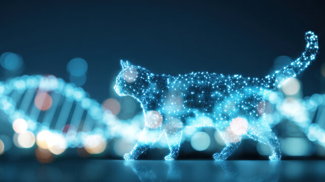 Digital cat silhouette future medical concept dna strand glowing particle neon blue veterinary science biotechnology animal health innovation technology background digital cat silhouette future