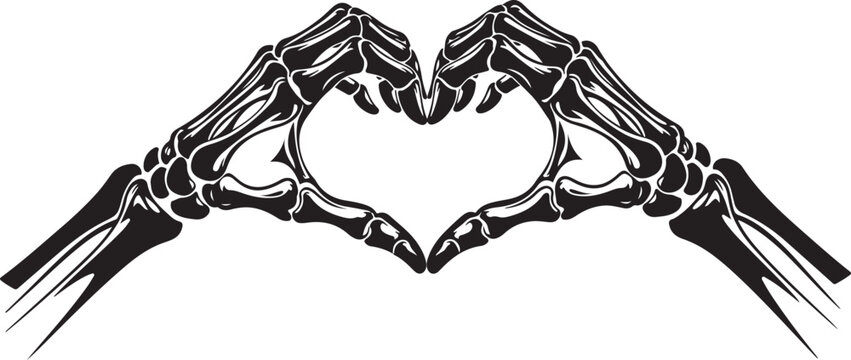 Skeleton hands making heart shape sign romantic gothic illustration design on transparent background isolated monochromatic skull art