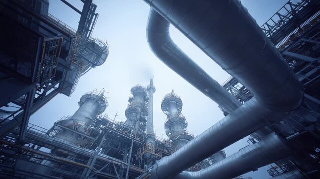 Industrial facility with towering steel structures and extensive piping systems, representing fossil fuel processing, electricity generation, and modern manufacturing technology