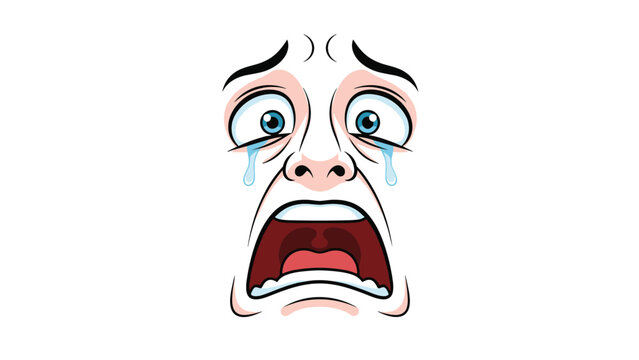 Close up cartoon face depicting a terrified and crying expression with large tears and an open mouth for emotional character design.