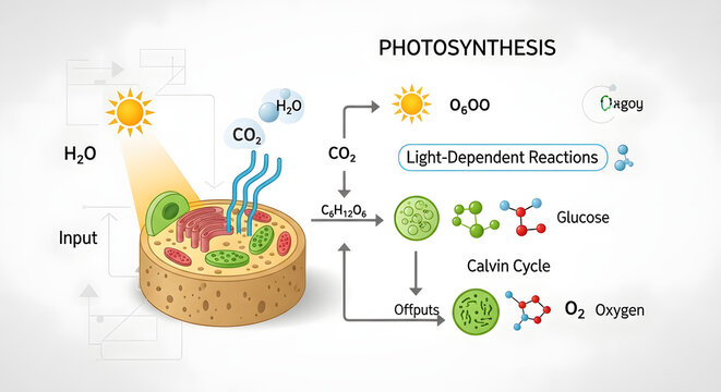 Photosynthesis process diagram showing light dependent reactions and calvin cycle.