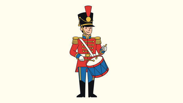 Traditional toy soldier drummer character in a red and blue uniform with a tall black hat for holiday and nutcracker themed designs.