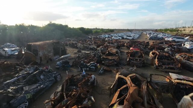 Aerial view burned cars Nova festival aftermath Israel, Netivot

Drone footage showing burned vehicles from Nova festival attack aftermath Israel March 24 2026 site
