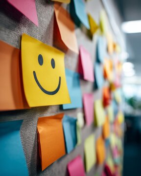 Smiley face icon on colorful sticky notes wall