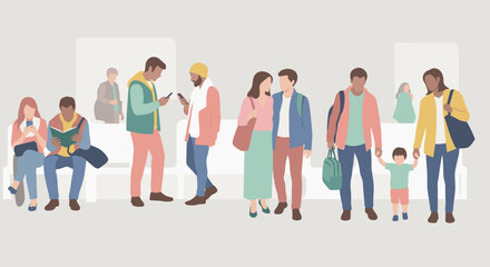 Obraz premium Diverse group of people walking and sitting in a public space with casual clothing and various accessories