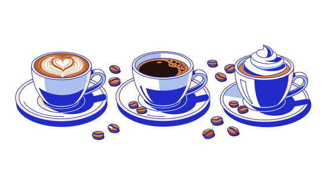 Three coffee cups with different types of coffee on saucers with coffee beans on a white background
