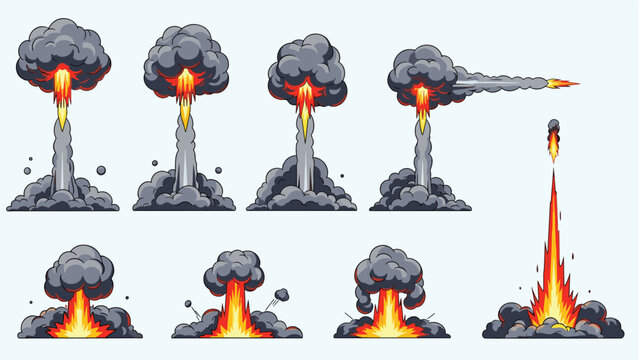 Various stages of rocket launches and explosive effects depicted in a vibrant retro pixel art illustration style.