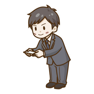 笑顔で名刺交換の挨拶をするビジネスマンの男性のデフォルメベクターイラスト