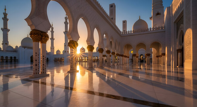 Stunning sunset over grand mosque with ornate arches and reflections on polished marble floor.