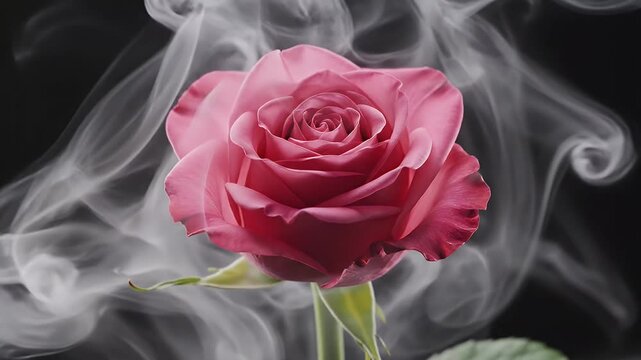 Close up of a pink rose with delicate petals surrounded by ethereal white smoke on a dark background with soft lighting.