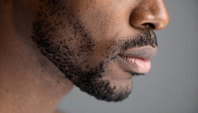 Macro extreme close-up of a man's jawline showing authentic stubble and natural skin texture