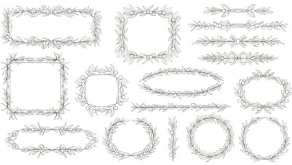 Obraz premium Large collection of hand-drawn botanical frames and dividers featuring delicate leaves and floral sketches.