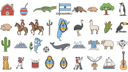 Obraz premium Extensive set of colorful icons representing various symbols of Argentine culture, nature, and national identity.