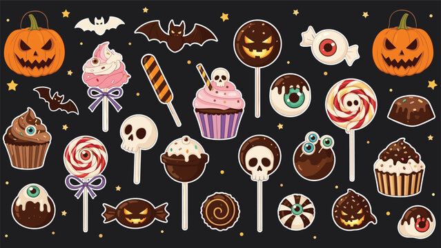 Collection of spooky Halloween treats including themed lollipops, cupcakes, and candies with skulls and eyes.