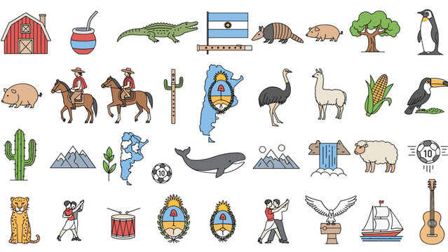 Extensive set of colorful icons representing various symbols of Argentine culture, nature, and national identity.