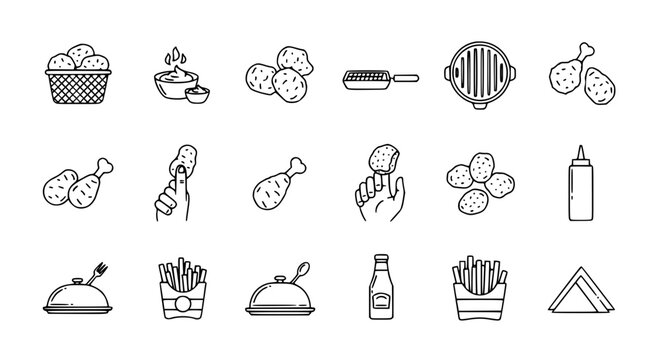 Minimal chicken nuggets outline icon set with basket, grill, and finger food symbols