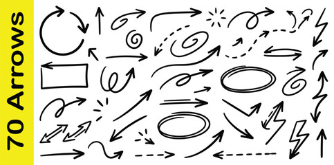 Obraz premium Hand drawn alphabet and arrow set featuring vector illustrations of abstract sketch patterns with black letter symbols and school design signs for a seamless art texture