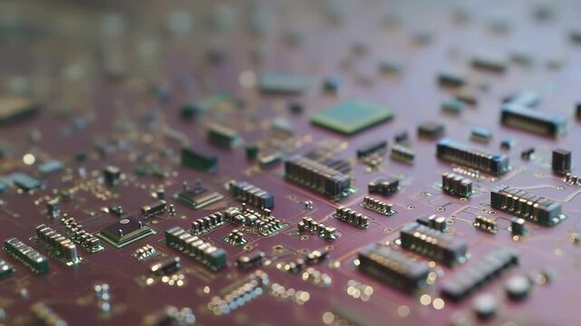 Electronic circuit board with various microchips, resistors, and integral components creating a complex system for data processing and advanced technological operations