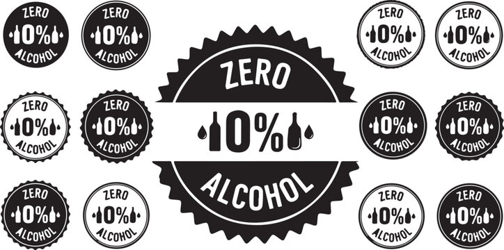Collection of black and white zero 10 percent alcohol labels and stamps, ideal for non-alcoholic beverage packaging and marketing.