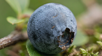 Obraz premium Close up of a ripe blueberry fruit with green foliage background