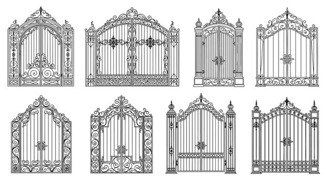 Hand drawn sketches of various elegant wrought iron gate designs featuring ornate patterns and decorative metalwork details.