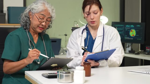 Medical team working with a tablet and Laptop computer search for medical information at the hospital office.