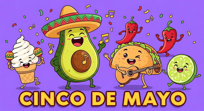 Cartoon food characters celebrate Cinco de Mayo with music and dance avocado sombrero cream taco