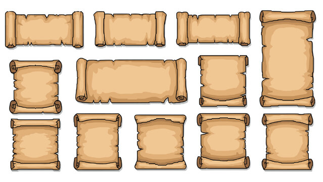 Set of old parchment paper scrolls in different shapes and sizes with torn edges for a historical or fantasy themed design project.