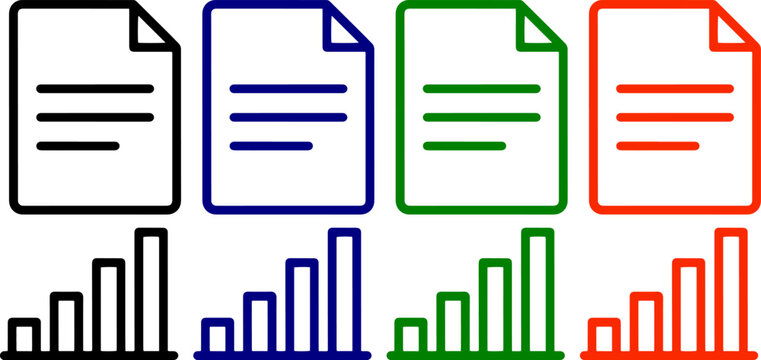 Document icons and bar graph charts in black blue green and red for reports and analytics