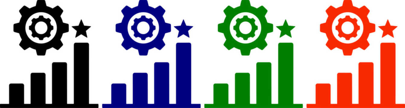 Gear and star icons above bar charts in black blue green and red for performance metrics