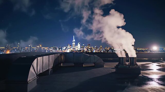 Industrial vents on a rooftop releasing steam at night overlooking a city skyline