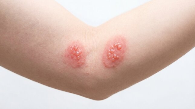 Person with red, itchy, blister-like rashes on elbow crease, close-up view of skin condition, possible eczema or dermatitis symptoms