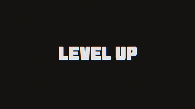 Level Up Looped Text Animation with Glitch Distortion Effect. Pixel Style Text Animation for Gaming UI. 4K Motion Graphics