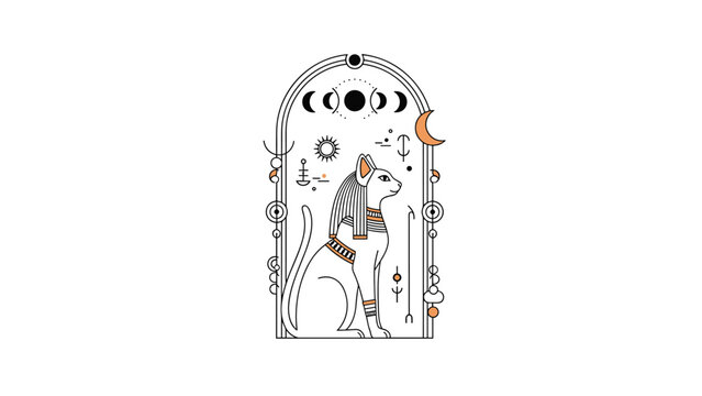 Artistic black and orange illustration of Egyptian cat goddess Bastet within an ornate archway with celestial symbols.
