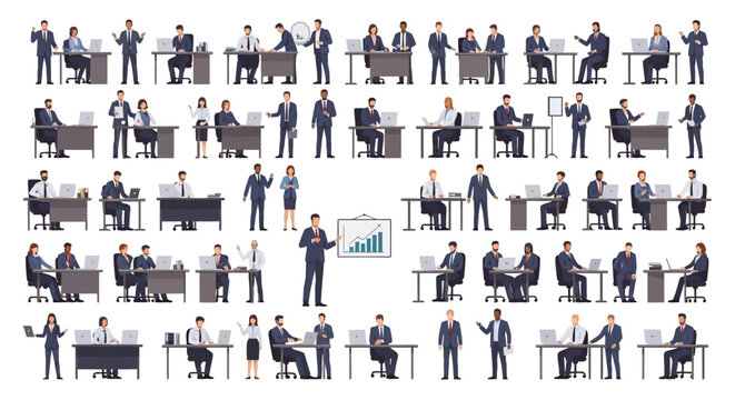 Businessmen in various office positions.