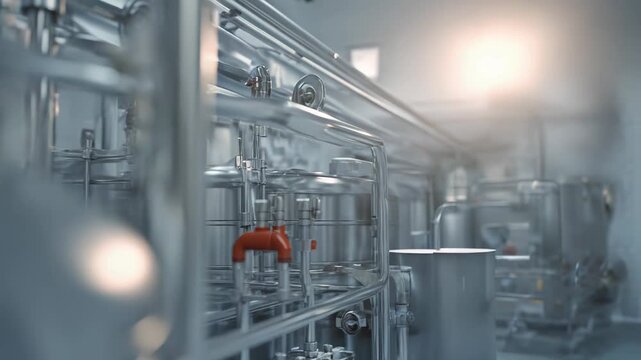 Industrial equipment with stainless steel bioreactors and pipes operating in a modern laboratory, focusing on pharmaceutical development and scientific biotechnology research