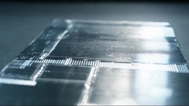 Graphene inspired thin film with intricate metallic grid and geometric lines, evoking advanced nanotechnology, conductivity, futuristic computing, data networks and innovation